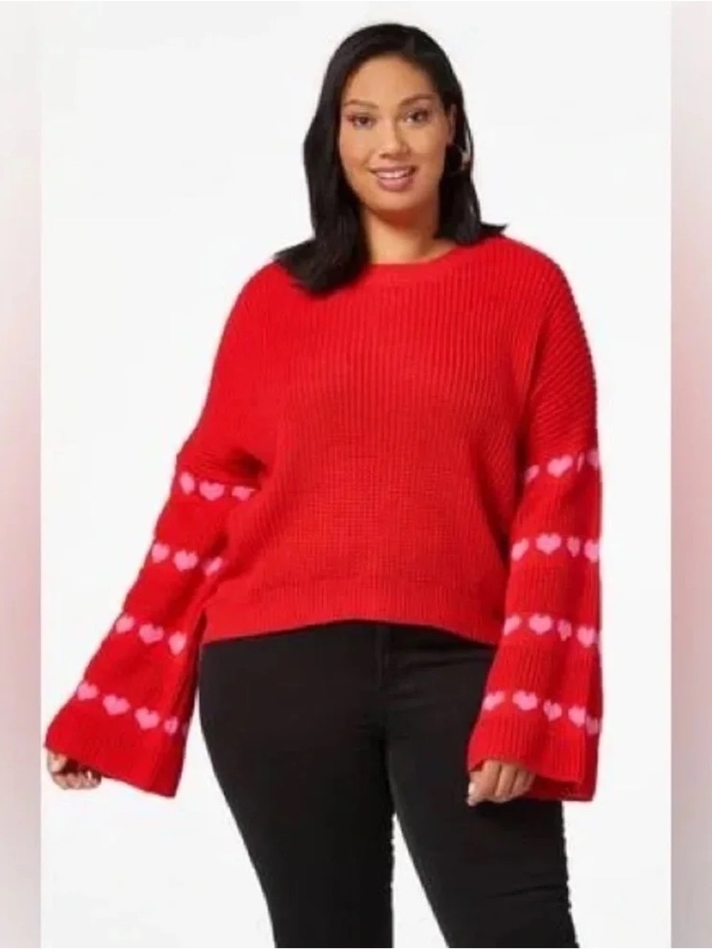 Cato Poppy Red Crewneck Sweater with Pink Heart Sleeves